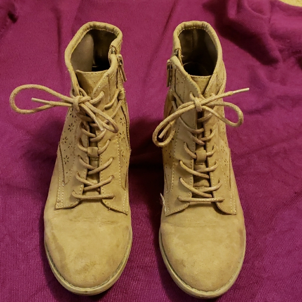 Taupe faux suede heeled booties